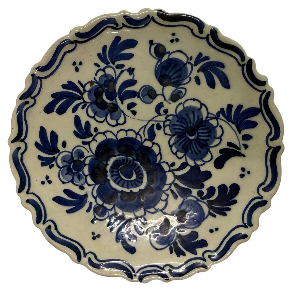 Vtg Delft Blue Floral Plate 4.25" Hand Painted Holland Porcelain Small Dish